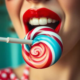 Close-up photograph of a retro-styled woman's mouth as she bites into a big lollipop with her left teeth