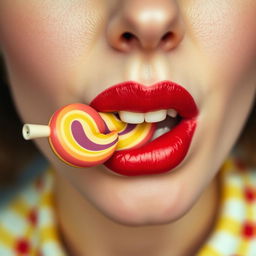 Close-up photograph of a retro-styled woman's mouth as she bites into a big lollipop with her left teeth