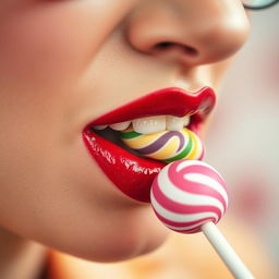 Close-up photograph of a retro-styled woman's mouth as she bites into a big lollipop with her left teeth