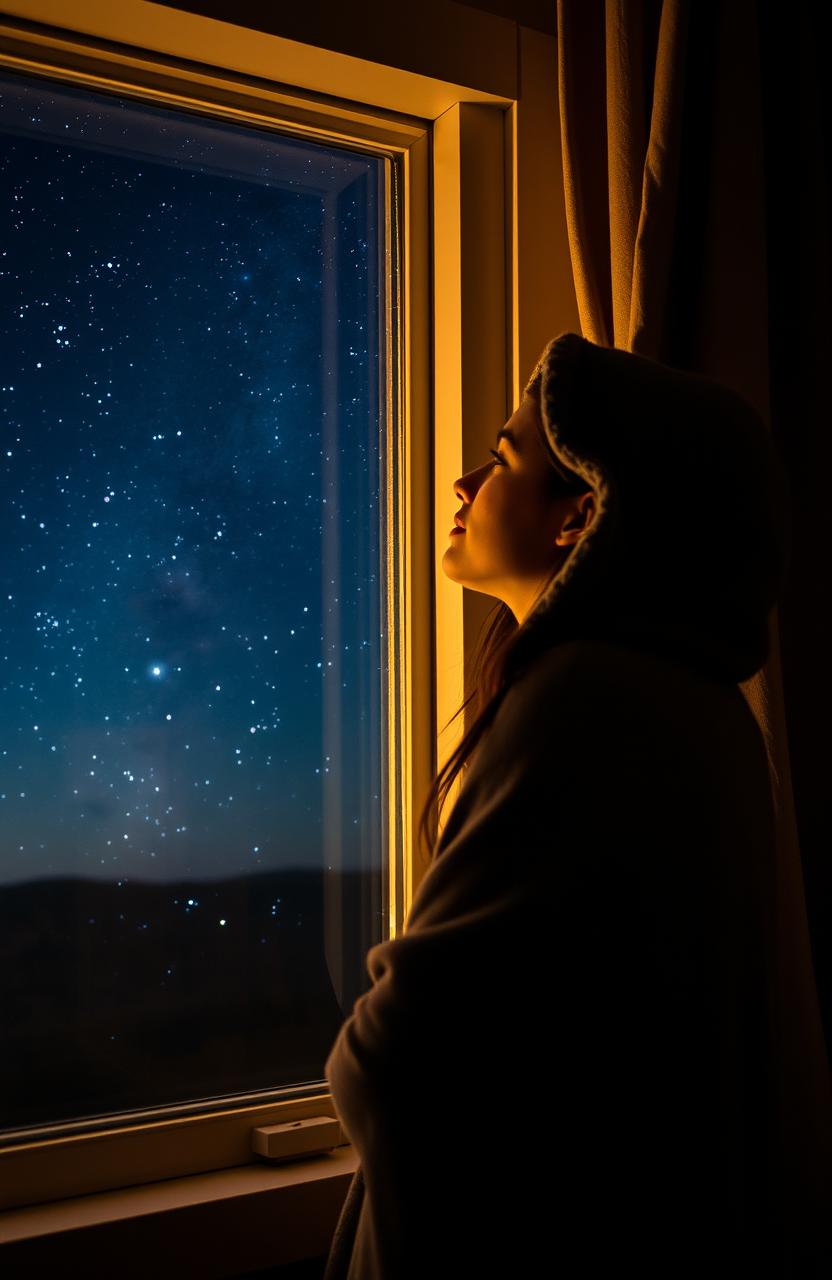 A young woman gazing at the stars through her window, her face illuminated by the gentle glow of the starry night