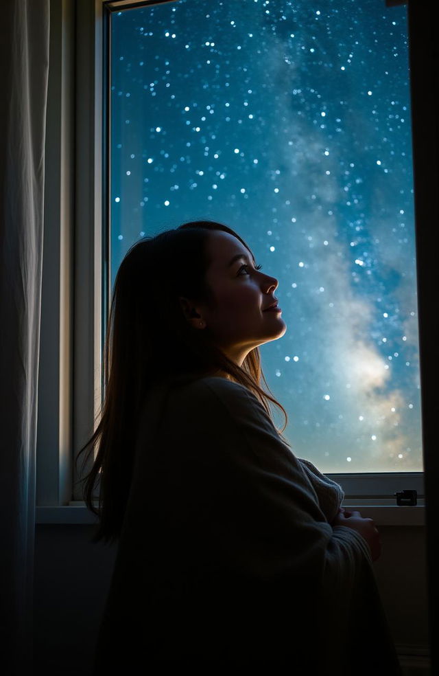 A young woman gazing at the stars through her window, her face illuminated by the gentle glow of the starry night