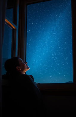 A young woman gazing at the stars through her window, her face illuminated by the gentle glow of the starry night