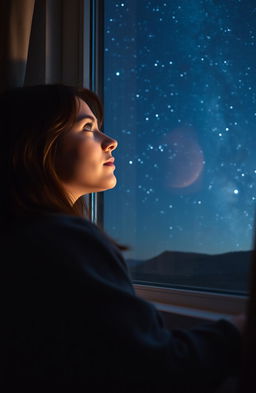 A young woman gazing at the stars through her window, her face illuminated by the gentle glow of the starry night