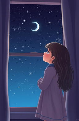 A young girl standing at her window gazing up at a starry night sky