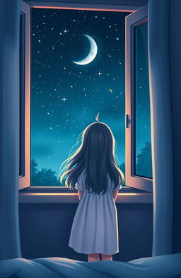 A young girl standing at her window gazing up at a starry night sky
