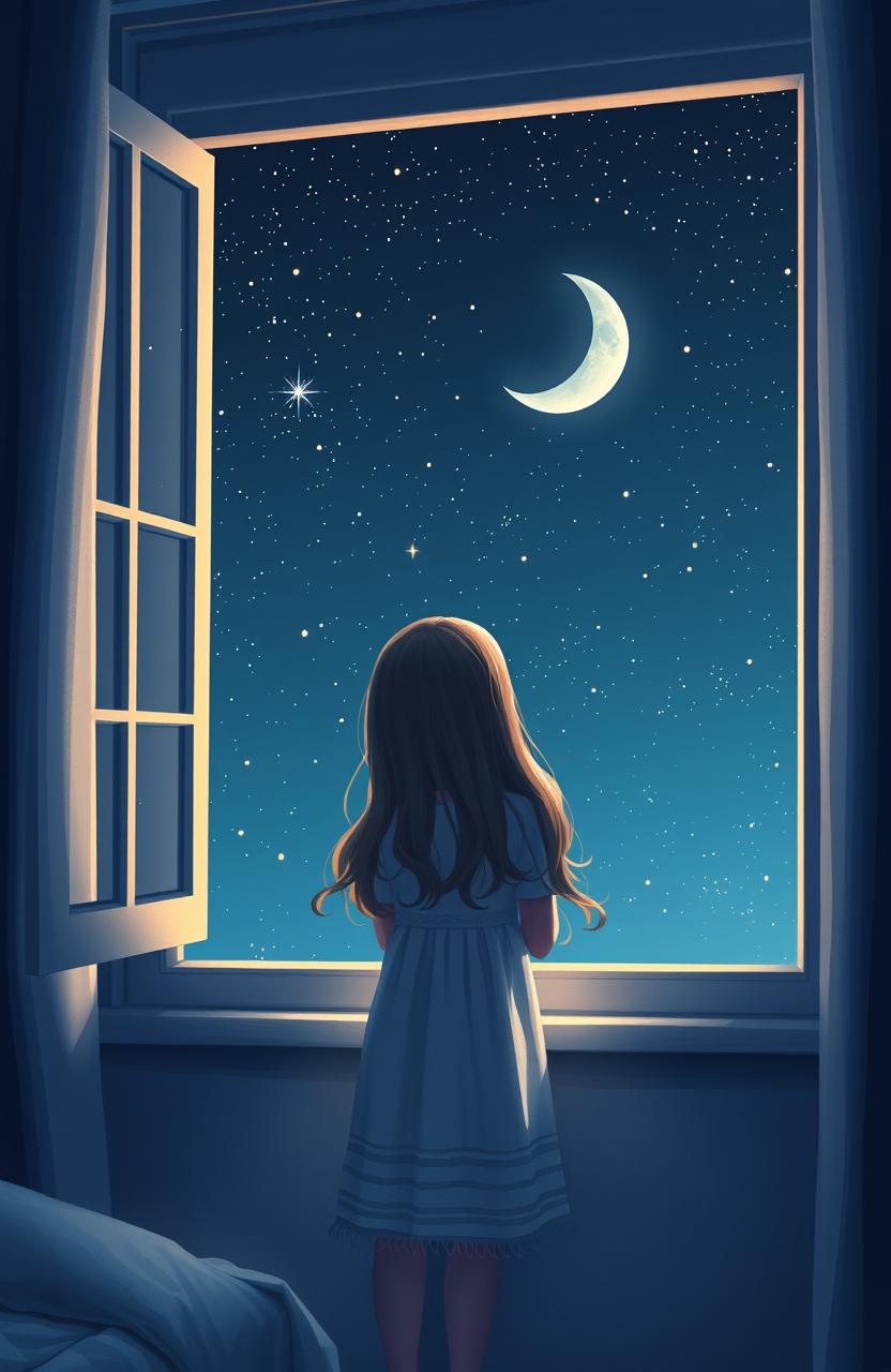 A young girl standing at her window gazing up at a starry night sky