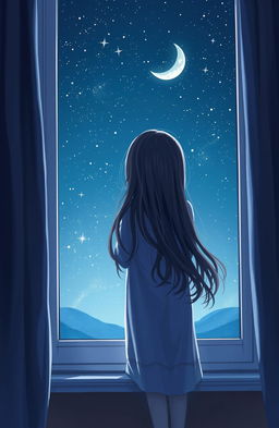 A young girl standing at her window gazing up at a starry night sky