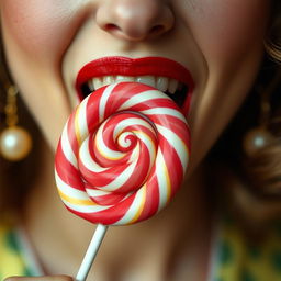 Close-up photograph of a retro-styled woman's mouth as she bites into a big lollipop with her teeth