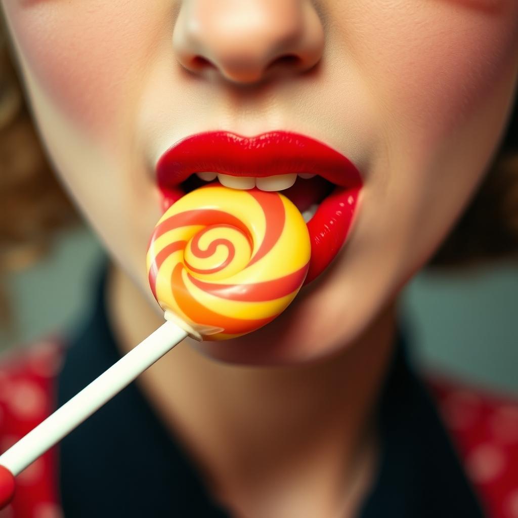 Close-up photograph of a retro-styled woman's mouth as she bites into a big lollipop with her teeth