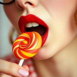 Close-up photograph of a retro-styled woman's mouth as she bites into a big lollipop with her teeth