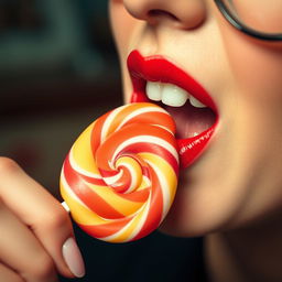 Close-up photograph of a retro-styled woman's mouth as she bites into a big lollipop with her teeth