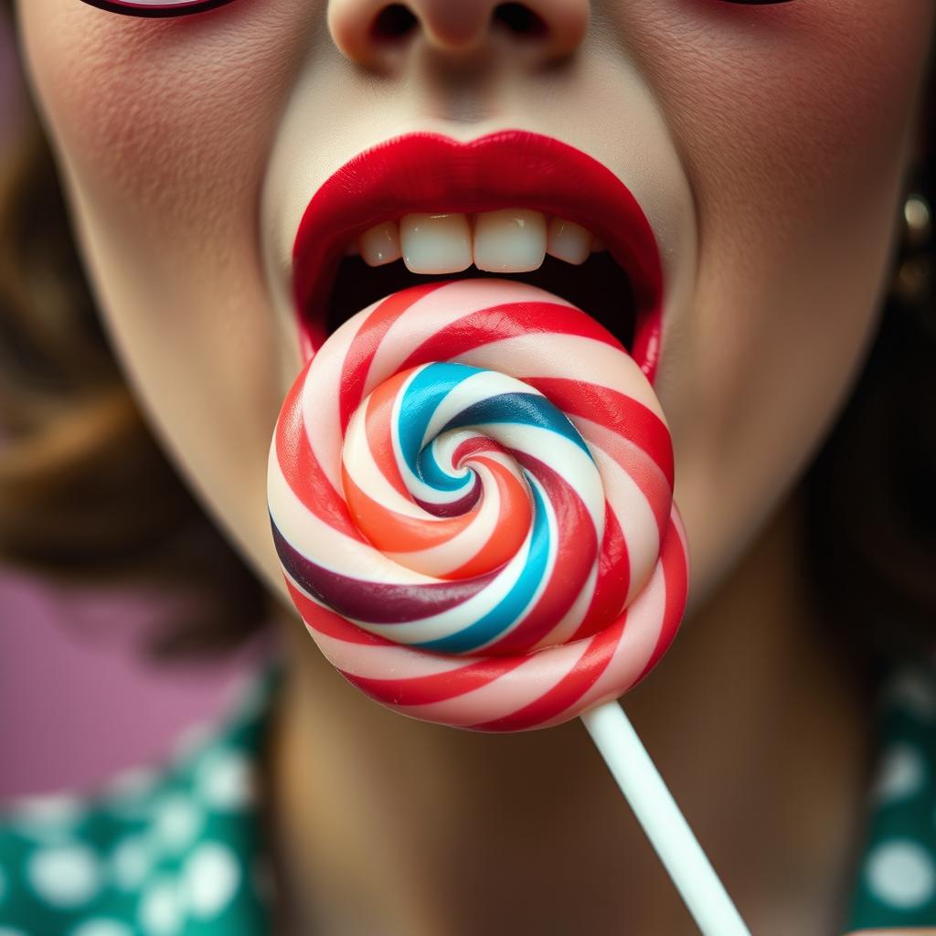 Close-up photograph of a retro-styled woman's mouth facing the front as she bites into a big lollipop with her teeth