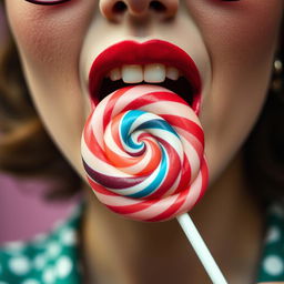 Close-up photograph of a retro-styled woman's mouth facing the front as she bites into a big lollipop with her teeth