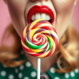 Close-up photograph of a retro-styled woman's mouth facing the front as she bites into a big lollipop with her teeth