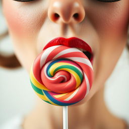 Close-up photograph of a retro-styled woman's mouth facing the front as she bites into a big lollipop with her teeth