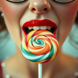 Close-up photograph of a retro-styled woman's mouth facing the front as she bites into a big lollipop with her teeth