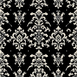 Elegant black damask pattern, intricate floral and paisley motifs, luxurious and sophisticated design, ornate and decorative elements, seamless and timeless appeal