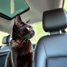 A sleek black cat sitting comfortably in the passenger seat of a car, looking out the window with curiosity, sunlight streaming in highlighting its glossy fur, the interior of the car is modern and stylish, creating a sense of warmth and coziness