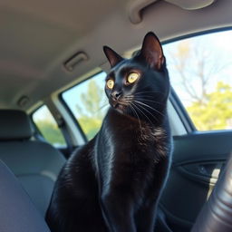 A sleek black cat sitting comfortably in the passenger seat of a car, looking out the window with curiosity, sunlight streaming in highlighting its glossy fur, the interior of the car is modern and stylish, creating a sense of warmth and coziness