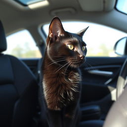 A sleek black cat sitting comfortably in the passenger seat of a car, looking out the window with curiosity, sunlight streaming in highlighting its glossy fur, the interior of the car is modern and stylish, creating a sense of warmth and coziness