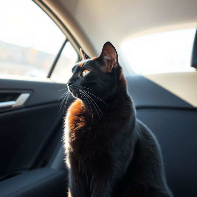 A sleek black cat sitting comfortably in the passenger seat of a car, looking out the window with curiosity, sunlight streaming in highlighting its glossy fur, the interior of the car is modern and stylish, creating a sense of warmth and coziness