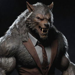 A detailed image of a formidable werewolf, adorned with a tailor-made, suited armor that matches its muscular build without restraining the beast-like movements.