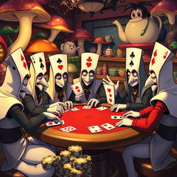 A whimsical scene featuring the playing card guards from Alice in Wonderland gathered around a poker table