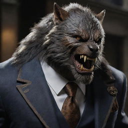 A detailed image of a formidable werewolf, adorned with a tailor-made, suited armor that matches its muscular build without restraining the beast-like movements.