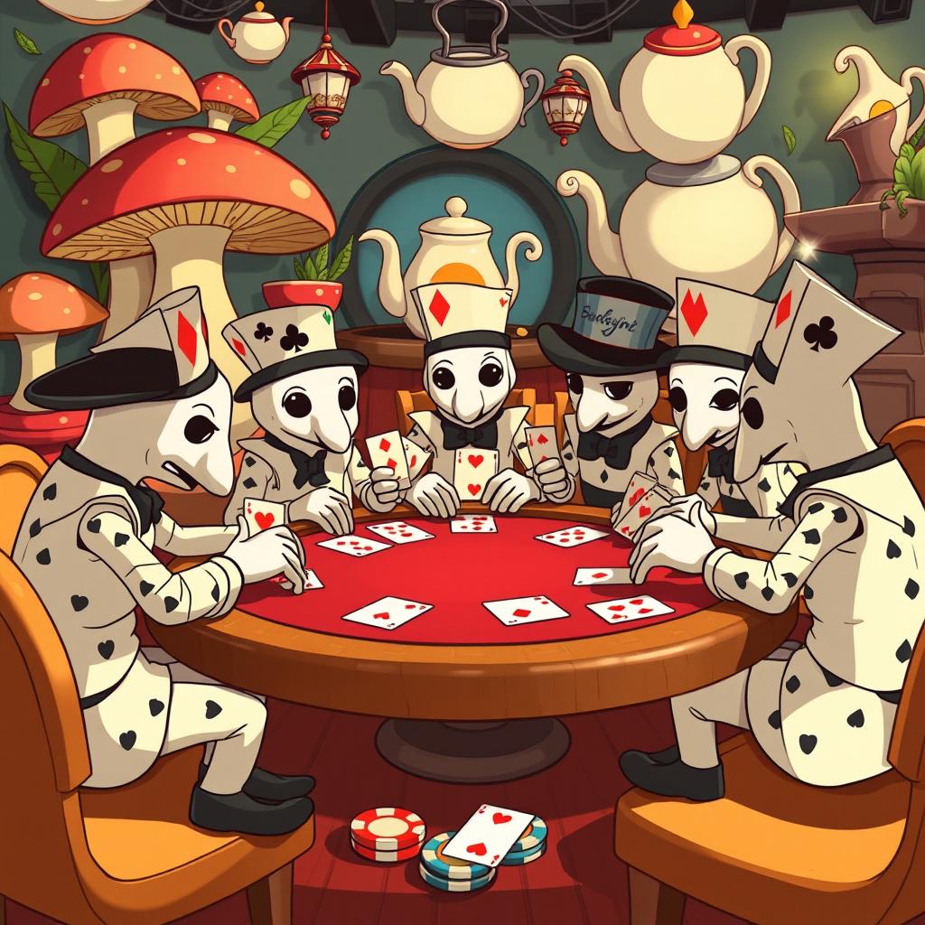 A whimsical scene featuring the playing card guards from Alice in Wonderland gathered around a poker table