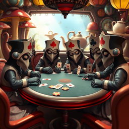 A whimsical scene featuring the playing card guards from Alice in Wonderland gathered around a poker table