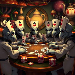 A whimsical scene featuring the playing card guards from Alice in Wonderland gathered around a poker table