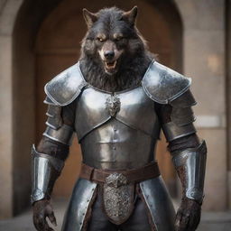 Adjust the image of the werewolf, now completely outfitted in a meticulously crafted suit of armor that enhances his formidable presence.