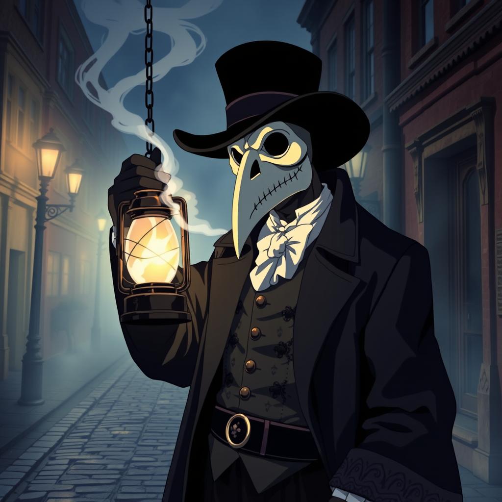 A beautifully crafted 1980s anime scene featuring a mystical plague doctor in Victorian England