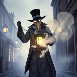 A beautifully crafted 1980s anime scene featuring a mystical plague doctor in Victorian England