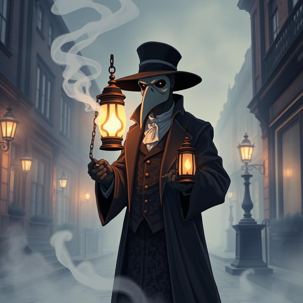 A beautifully crafted 1980s anime scene featuring a mystical plague doctor in Victorian England