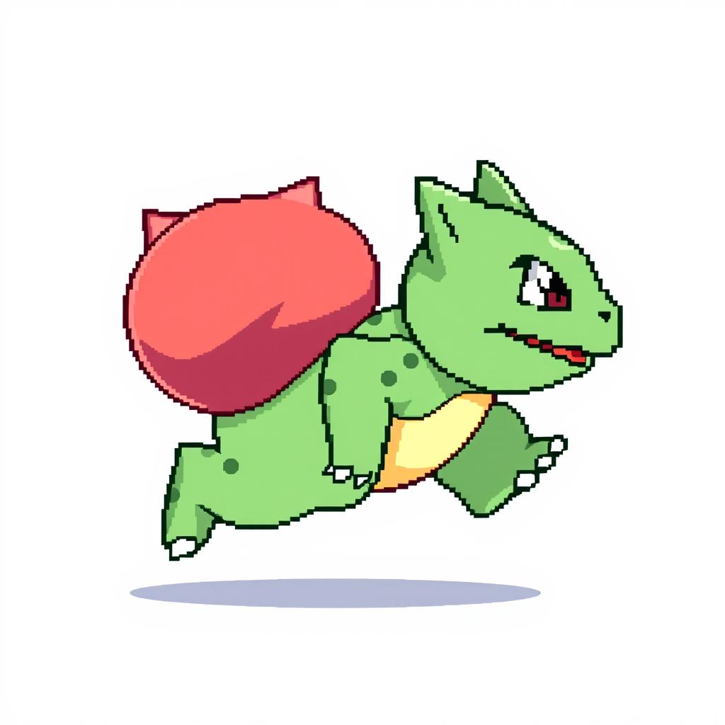 A full-body sprite of a Bulbasaur running to the right