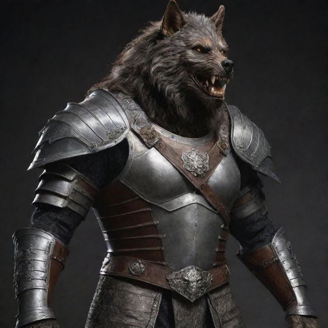 Adjust the image of the werewolf, now completely outfitted in a meticulously crafted suit of armor that enhances his formidable presence.