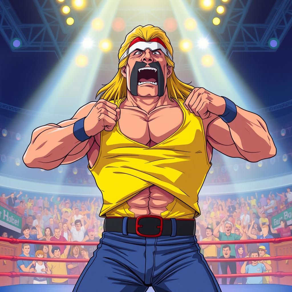 1980s anime style depiction of Hulk Hogan, the legendary wrestler, energetically ripping his iconic yellow tank top in the middle of a lively wrestling arena