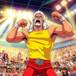 1980s anime style depiction of Hulk Hogan, the legendary wrestler, energetically ripping his iconic yellow tank top in the middle of a lively wrestling arena