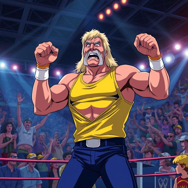 1980s anime style depiction of Hulk Hogan, the legendary wrestler, energetically ripping his iconic yellow tank top in the middle of a lively wrestling arena