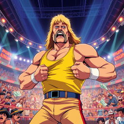 1980s anime style depiction of Hulk Hogan, the legendary wrestler, energetically ripping his iconic yellow tank top in the middle of a lively wrestling arena