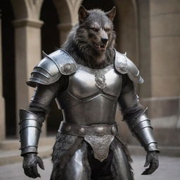 Adjust the image of the werewolf, now completely outfitted in a meticulously crafted suit of armor that enhances his formidable presence.