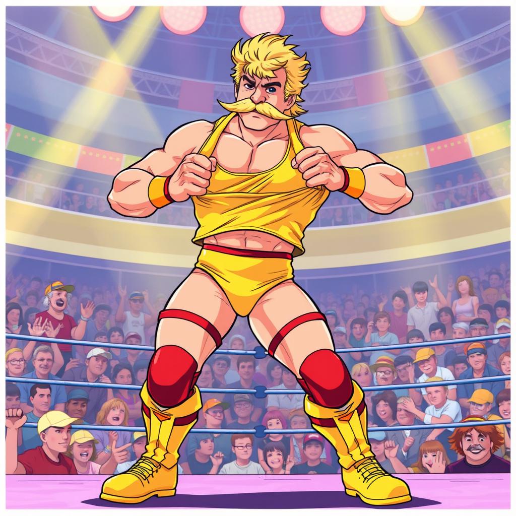 1980s anime style illustration of a muscular wrestler with a blonde mustache