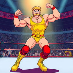 1980s anime style illustration of a muscular wrestler with a blonde mustache