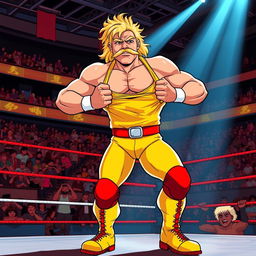 1980s anime style illustration of a muscular wrestler with a blonde mustache