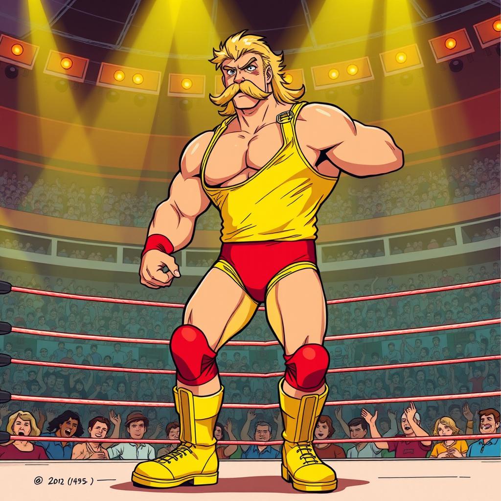 1980s anime style illustration of a muscular wrestler with a blonde mustache