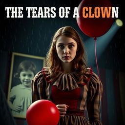 a documentary film poster featuring a young woman dressed as a clown with a somber expression, holding a red balloon