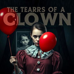 a documentary film poster featuring a young woman dressed as a clown with a somber expression, holding a red balloon