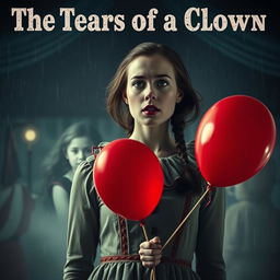 a documentary film poster featuring a young woman dressed as a clown with a somber expression, holding a red balloon