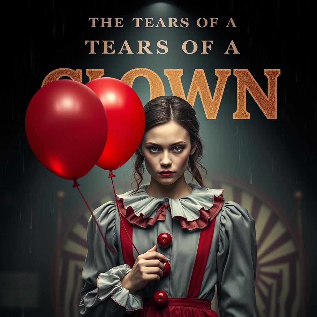 a documentary film poster featuring a young woman dressed as a clown with a somber expression, holding a red balloon